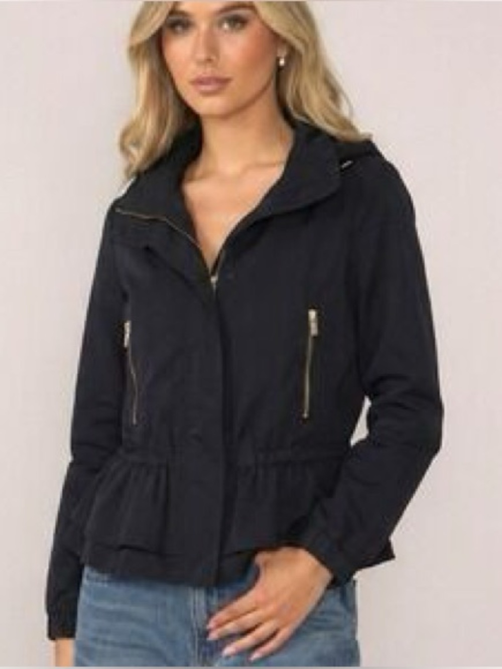 Zara Navy Utility Hooded Jacket with Gold Zippers
